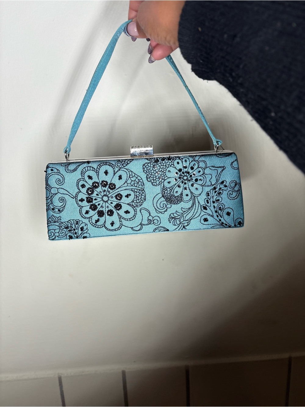 Elegant Floral Embellished Light Blue Wristlet Clutch